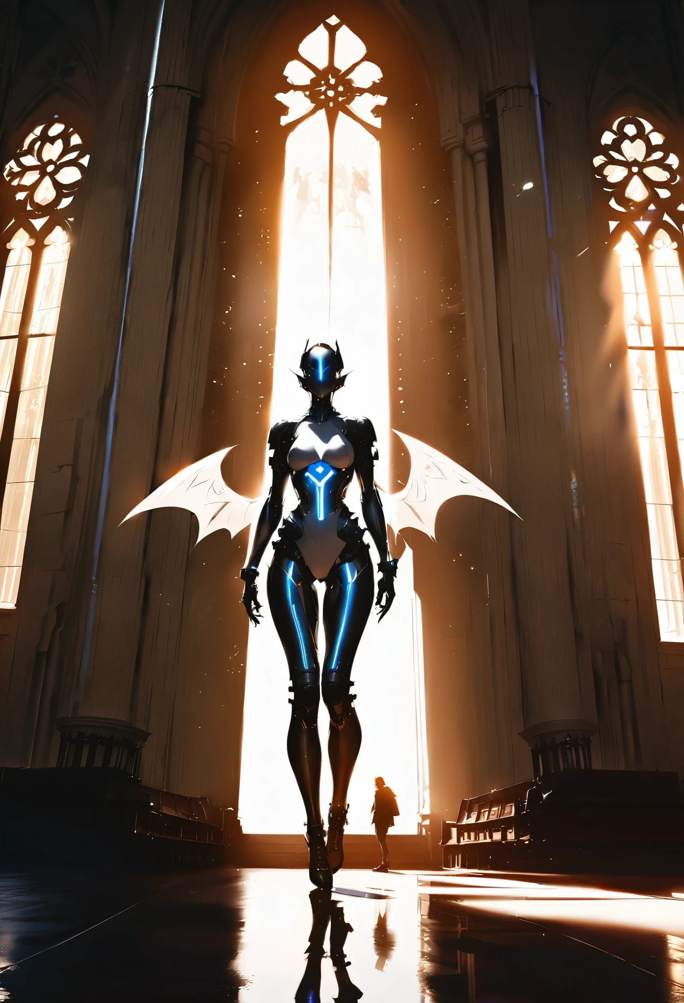 "Photorealistic image, cyborg succubus with ((white Glossy plastic skin)), glossy and reflective surface, ((white demon wings)), rule of thirds composition, golden hour lighting, Inside Cathedral, high contrast,cyborg,dynamic Angle,Full Body
