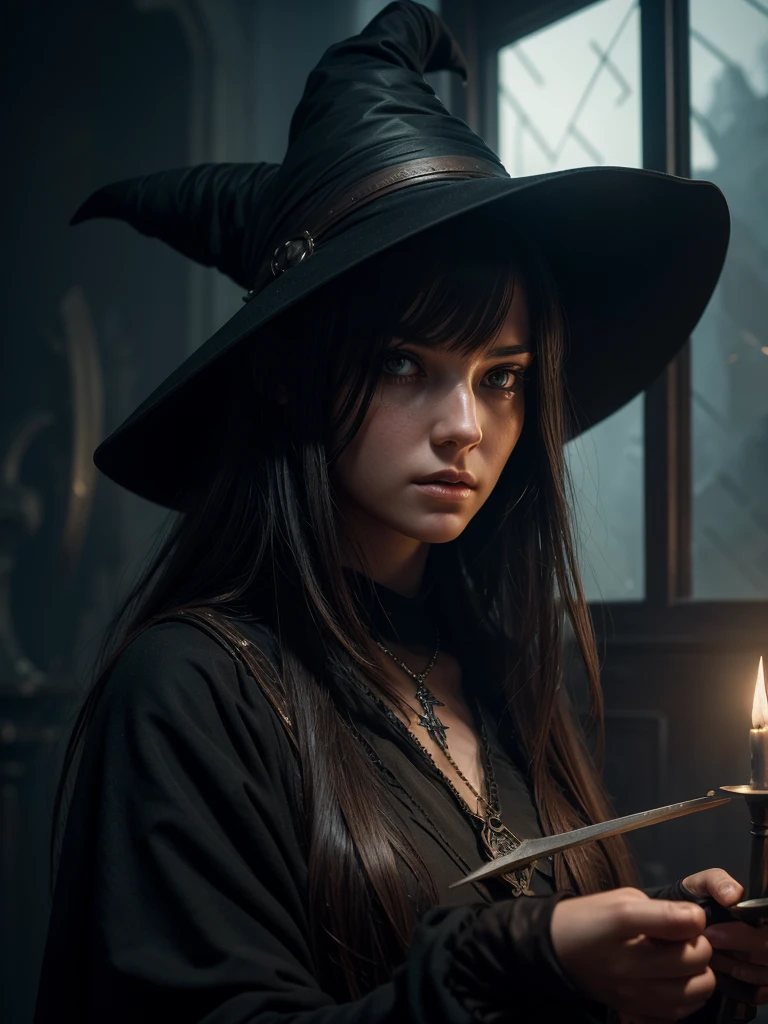 Studio photo of a young witch, sharp focus, intricate details from trending ArtStation style, by Greg Rutkowski, highly detailed, ultra clear.