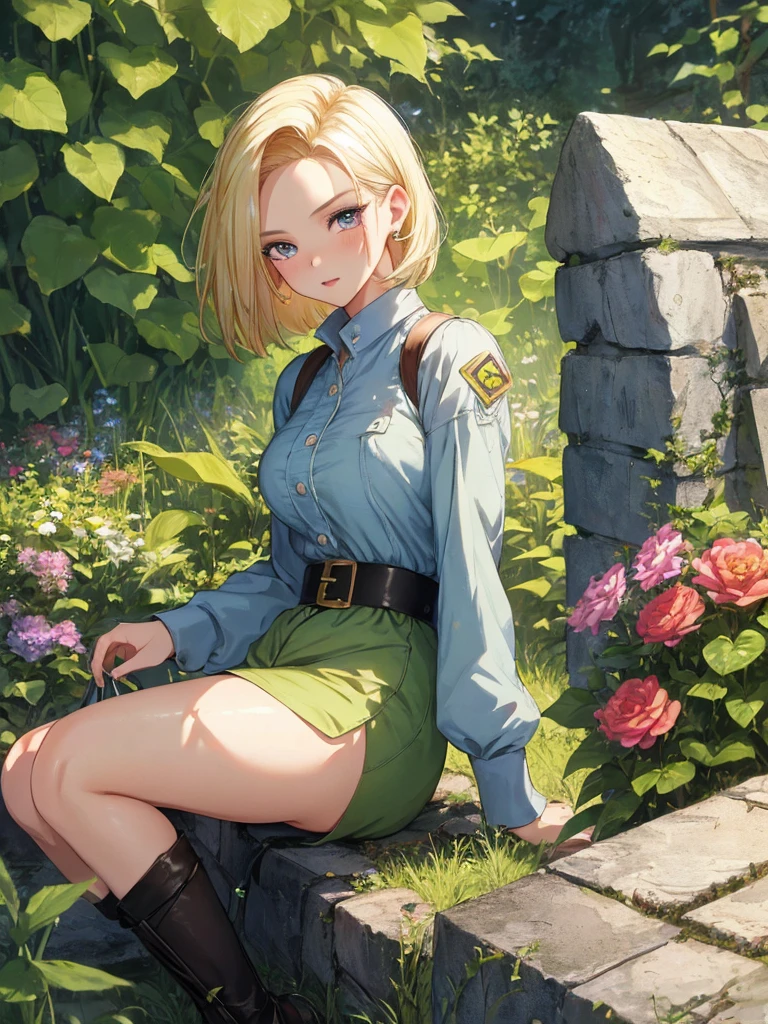 Beauty, cute, Pitiful, garden, android18Number, (masterpiece), highest quality, 1girl, uhd, retina, masterpiece, ccurate, anatomically correct, textured skin, super detail, high details, high quality, best quality, highres, 4K
