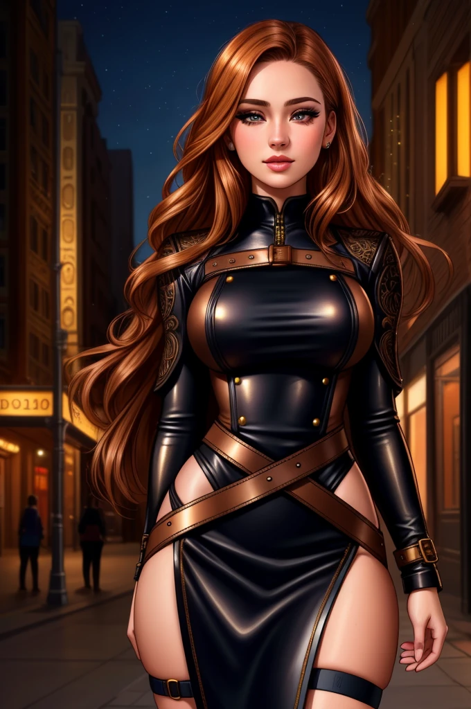 detailed 1girl, sexy 19 year old woman with copper hair, golden hair, night black hair, beautiful detailed eyes, beautiful detailed lips, extremely detailed eyes and face, long eyelashes, in a urban setting, wearing a detailed leather dress, (best quality,4k,8k,highres,masterpiece:1.2),ultra-detailed,(realistic,photorealistic,photo-realistic:1.37), cinematic lighting, cinematic composition, highly detailed, intricate details, hyper realistic, studio lighting, sharp focus, vivid colors, portrait