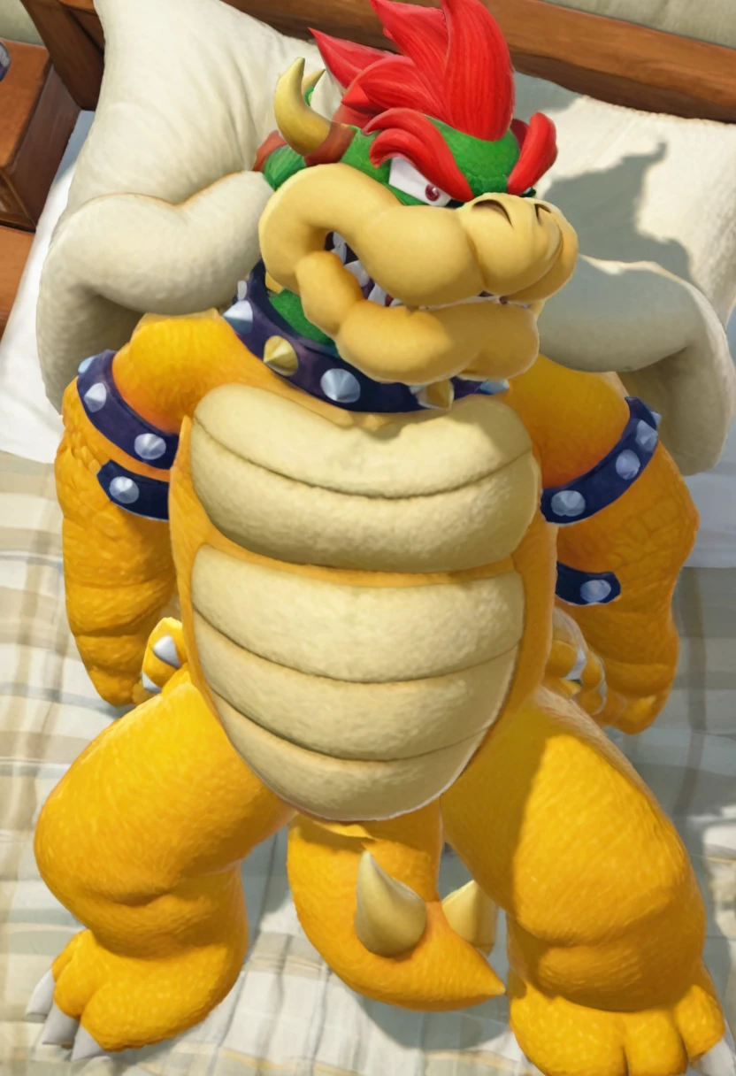 Bowser, gray beard, gray mustache, DILF, seductive, looking at the viewer, SMILE, white and blue plaid loose boxers, White shirt, open shirt, (posing) masculine, alone, the second, gordo, large size, Thick, cellular shading, standing, stopped, whole body, Aerial view, From above, with both hands towards holding the peruvian flag (Red and white colors), thick penis and big testicles