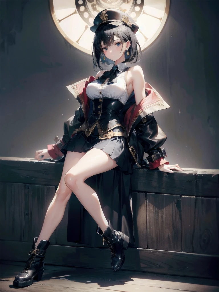 (Masterpiece, Best Quality, Ultra High Resolution , Digital Art,Beautiful and Aesthetic ) . ( One Fashionable adult girl with a short oblique bob, slender figure, expressive and dominating look ) in modern men's suit in youth style , matte black color , lovely thin white but long tie , (silk thick threads of red color connect the necklines on the sides of the whole suit) , . The character sits on a large massive sofa with lots of leather and metal patterns on it in vintage style , an interesting and atmospheric pose that characterizes the character , .