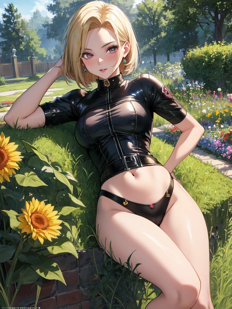 Beauty, cute, Pitiful, garden, android１８Number, (masterpiece), highest quality, 1girl, uhd, retina, masterpiece, ccurate, anatomically correct, textured skin, super detail, high details, high quality, best quality, highres, 4K