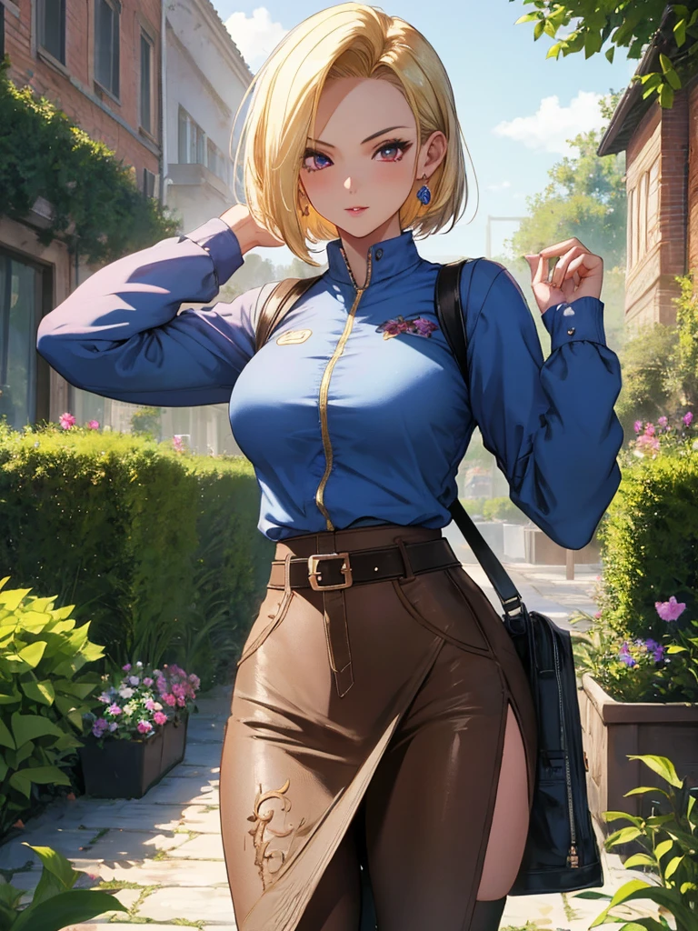 Beauty, cute, Pitiful, garden, android18Number, (masterpiece), highest quality, 1girl, uhd, retina, masterpiece, ccurate, anatomically correct, textured skin, super detail, high details, high quality, best quality, highres, 4K