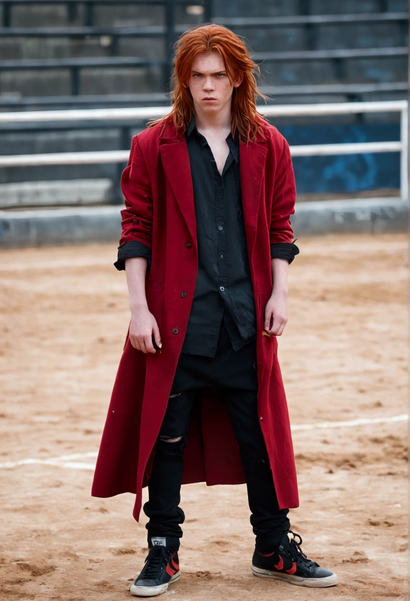 Teenage boy, tidy hair, long hair, fiery red hair, serious face, Eyes red, ripped black loose shirt, wide and torn dark red overcoat, black pants, Red sneakers, scene in an open-air fighting arena, lot of details, best qualityer