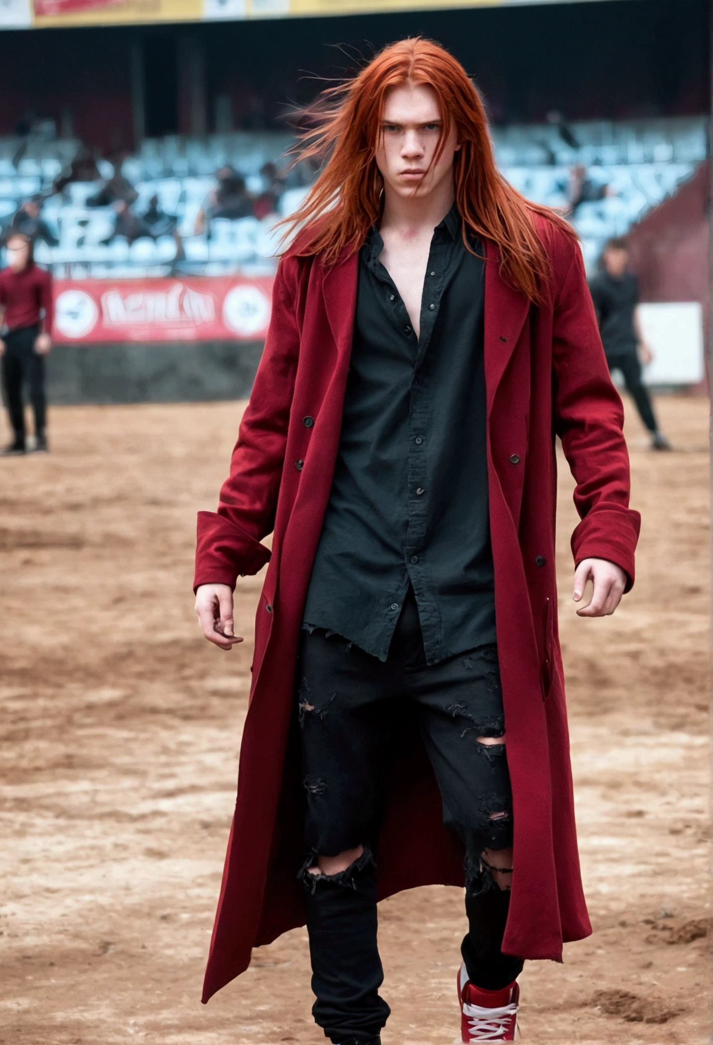 Teenage boy, tidy hair, long hair, fiery red hair, serious face, Eyes red, ripped black loose shirt, wide and torn dark red overcoat, black pants, Red sneakers, scene in an open-air fighting arena, lot of details, best qualityer