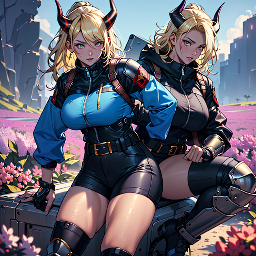 ((best quality)), ((masterpiece)), (detailed), 1girl, 8k_wallpaper, extremely detailed eyes, extremely detailed body, beautiful face, perfect face, detailed ((blonde hair)), (gold eyes), ((large big red and blue horns)), {{dark skin}}, ({dark skinned female}), gigantic breasts, thick thighs, strong arm and leg muscles, strong abdominal muscles, Monster women, Korean women, wearing a modern short black cloth jacket with rolled up sleeves, (wearing heavy gold colored steel cyberpunk armor), a wide red leather belt with blue steel yarn, steel boots, steel thigh guards, a military radio hangs on her belt, a biker girl, she rides on another planet along a lilac field against the backdrop of a blue desert and high red mountains,