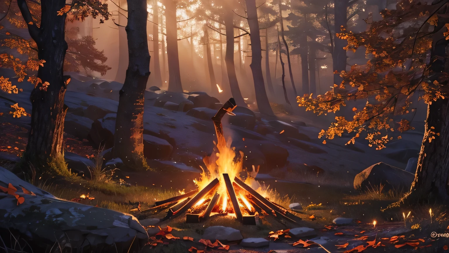 Highest quality Close-up of a bonfire Night Forest Photorealistic Fantasy