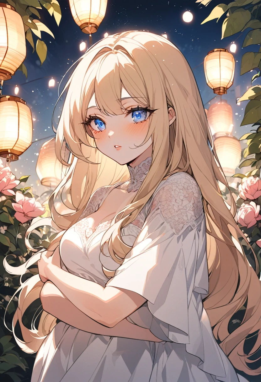 In manhwa art style, a young Korean woman 28s. Her hair is short at shoulder in a blonde pink colors. Her face is slightly shorter than it is long, which carry a warm , expressive face. Her skin is radiant and clear, and her curved lips. Large blue eyes are expressive and captivating. Her natural body and defined made up of proportional curves. She is wearing a white dress while the light of the lanterns in the botan garden at night illuminates the flowers
