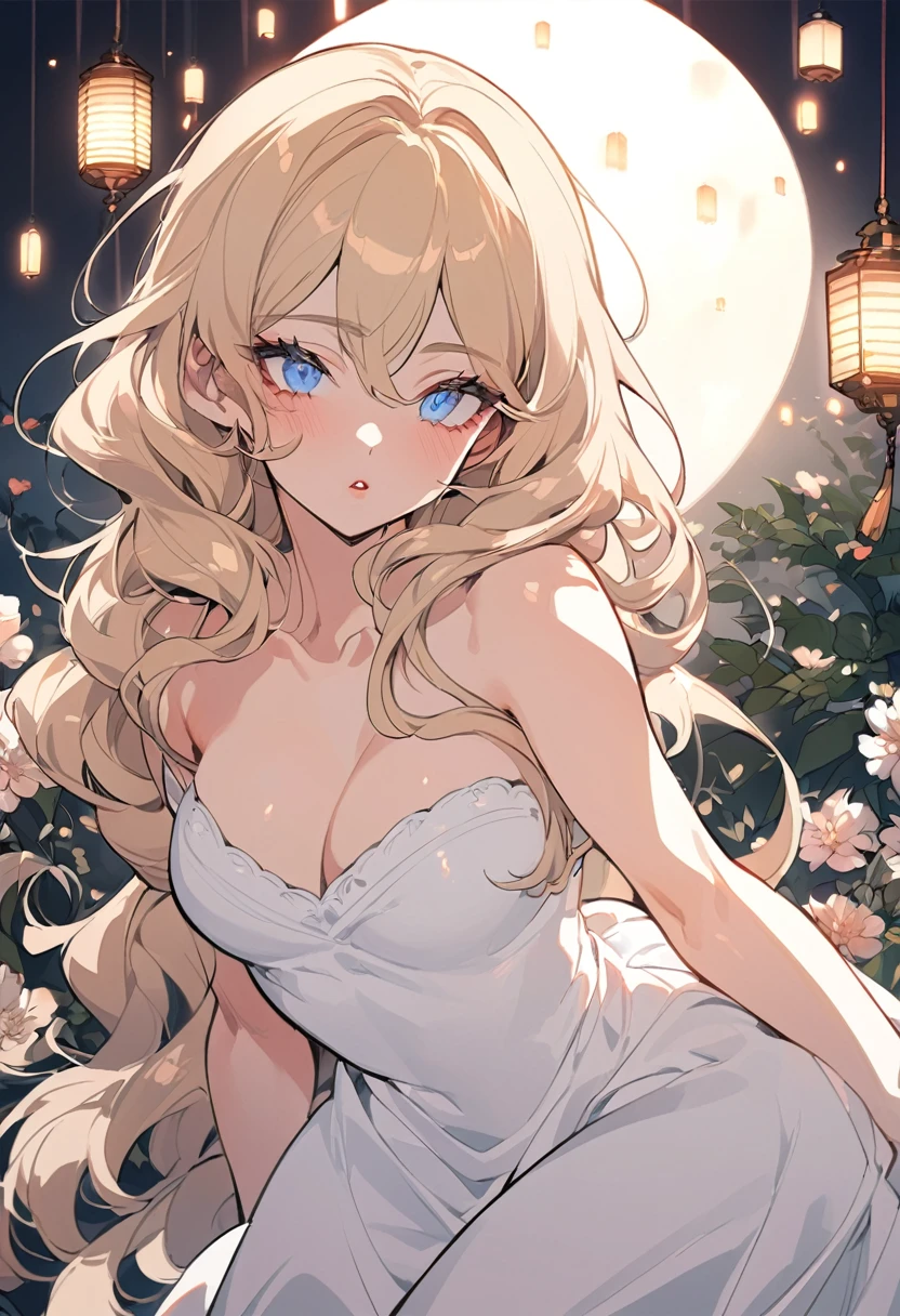 In manhwa art style, a young Korean woman 28s. Her hair is short at shoulder in a blonde pink colors. Her face is slightly shorter than it is long, which carry a warm , expressive face. Her skin is radiant and clear, and her curved lips. Large blue eyes are expressive and captivating. Her natural body and defined made up of proportional curves. She is wearing a white dress while the light of the lanterns in the botan garden at night illuminates the flowers
