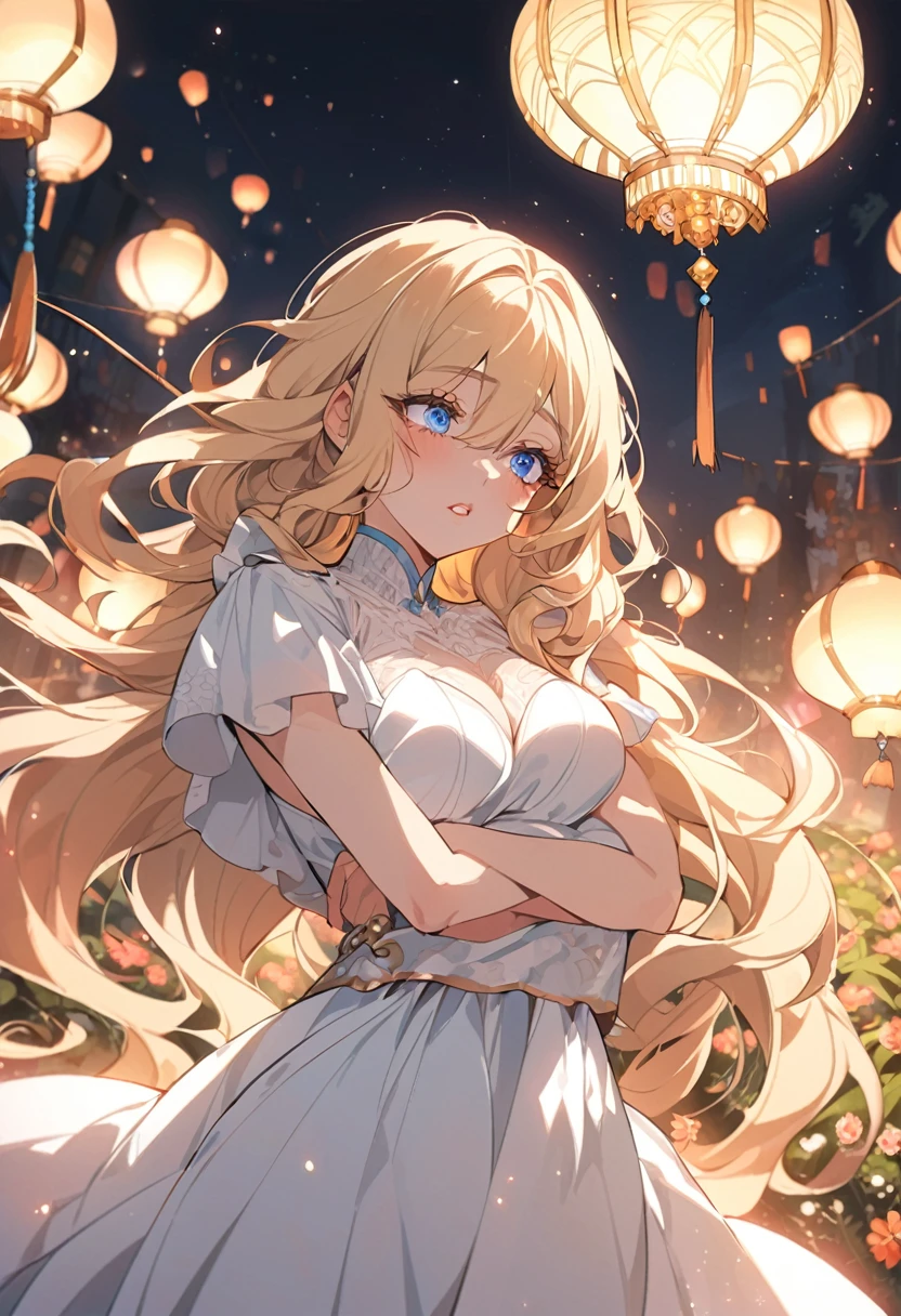 In manhwa art style, a young Korean woman 28s. Her hair is short at shoulder in a blonde pink colors. Her face is slightly shorter than it is long, which carry a warm , expressive face. Her skin is radiant and clear, and her curved lips. Large blue eyes are expressive and captivating. Her natural body and defined made up of proportional curves. She is wearing a white dress while the light of the lanterns in the botan garden at night illuminates the flowers