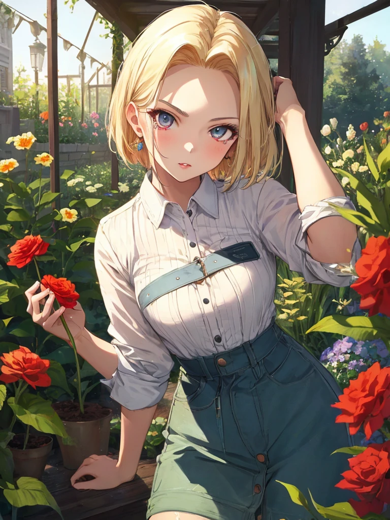 Beauty, cute, Pitiful, garden, android１８Number, (masterpiece), highest quality, 1girl, uhd, retina, masterpiece, ccurate, anatomically correct, textured skin, super detail, high details, high quality, best quality, highres, 4K