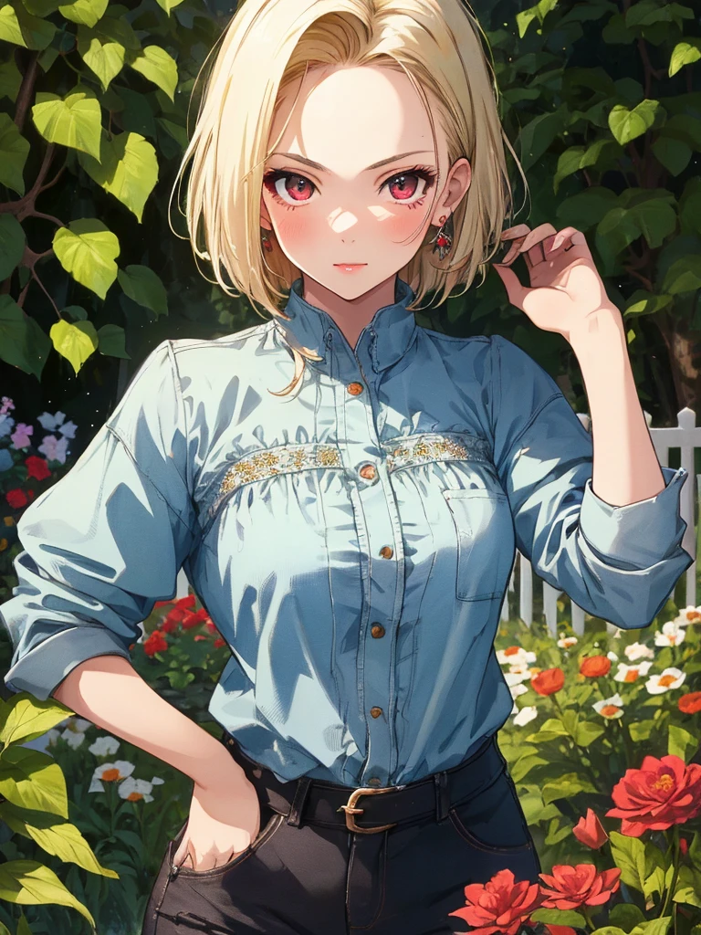 Beauty, cute, Pitiful, garden, android18Number, (masterpiece), highest quality, 1girl, uhd, retina, masterpiece, ccurate, anatomically correct, textured skin, super detail, high details, high quality, best quality, highres, 4K