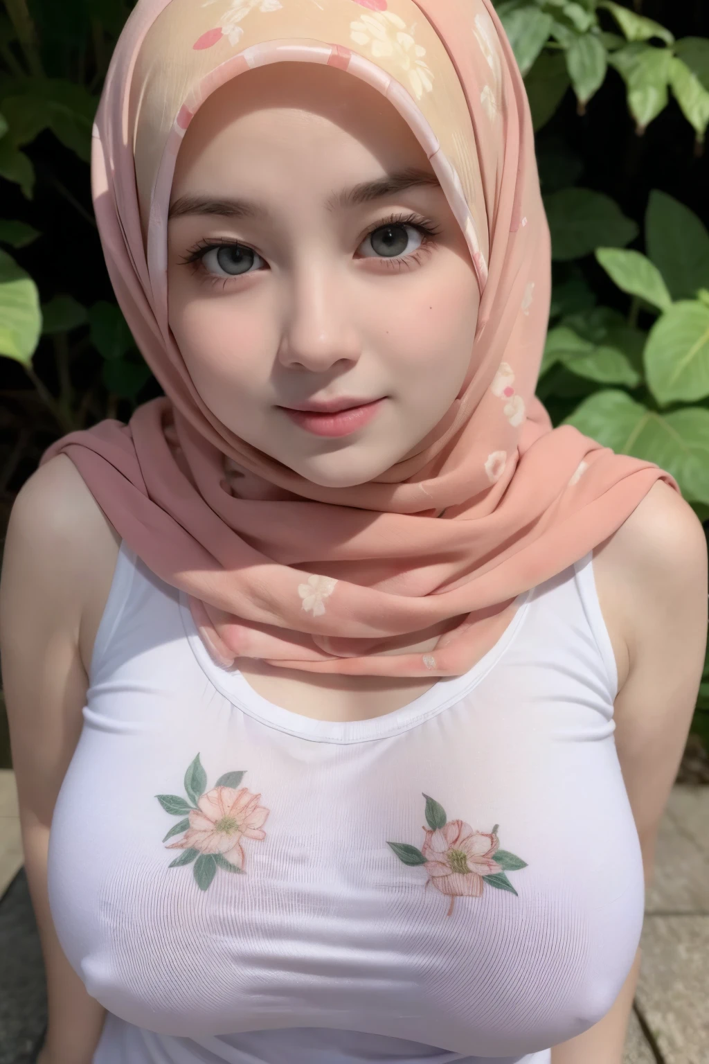 Jumbo (floral pattern Singlet), Chubby adorable, 1 girl, (face to face), , baby face, happy, half body portrait, (face details: 1), (eye details: 1), ((big breasts)). wearing transparent transparency soft long shirt, hijab, .. Cute posed. proportional body. Ultra High Res. realistic: 1.4, UHD, (floral pattern), view from side seductive pose