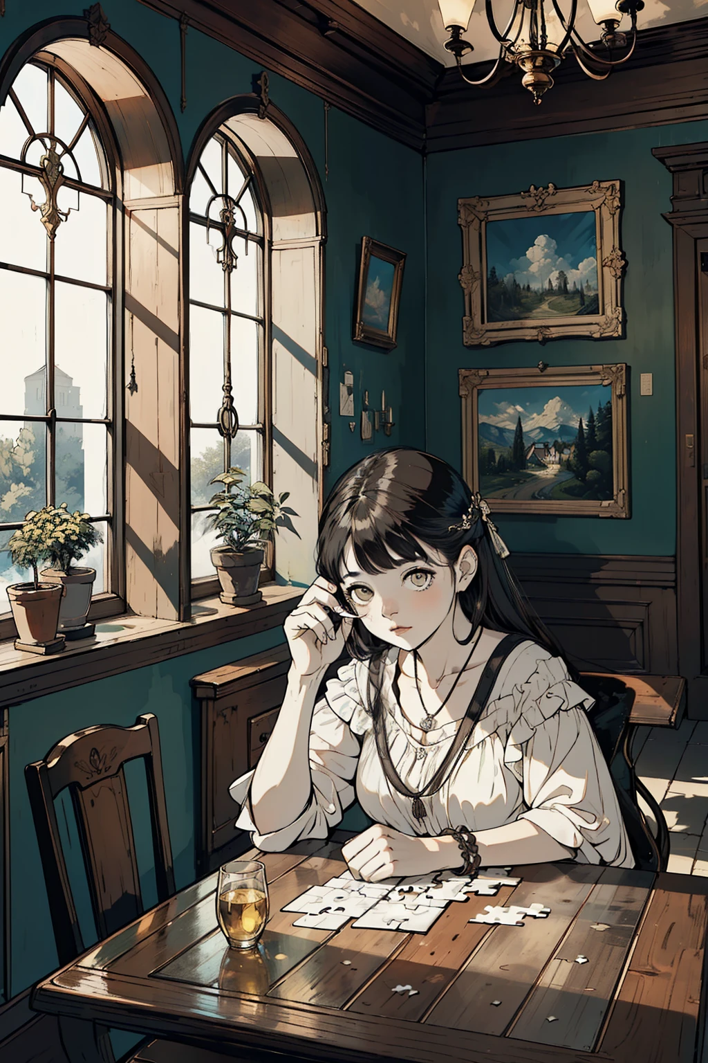 ((best qualityer)), ((work of art)), (detailded), mulher montando um puzzle, puzzle, pondering, hall, tabletop, glass of wine, books in the background, paintings on the wall, puzzle, lustre na hall, classic window, rustic house, cozily, ornamental plants, mulher pondering