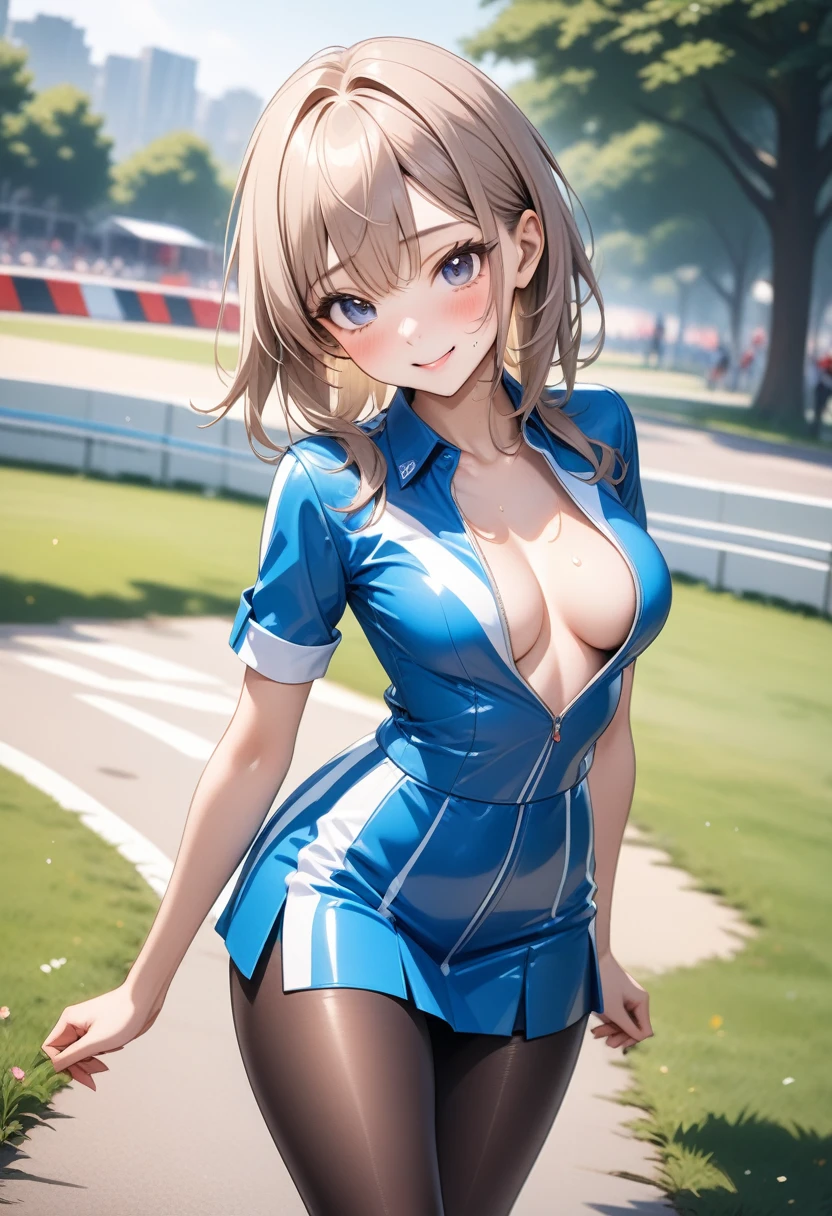 Vivid Color, ((race queen)), ((skirt)), luster Outfit, (Black pantyhose), (latex high heel boots), ((skindentation)), skinny, solo, (1 sexy woman), Masterpiece, highest quality, highest quality, 16K, incredibly absurd, highly detailed, 2.5D, ai-generated, delicate and dynamic, very delicate facial expressions, delicate eye depiction, erotic, only sexy woman, ((A cute and kind face)), healthy figure, ((25-year-old woman)), 160cm tall, medium firm swaying bust,, blush, Sweat,Embarrassed,sexy, ((thin thighs)), (camel toe:0.8), (Erect nipples:0.7), (visible nipples:0.5), ((shiny and lustrous)), facing straight at viewer, smile, Large park, daytime, bright, on the grass, (dutch angle), (Erotic pose),