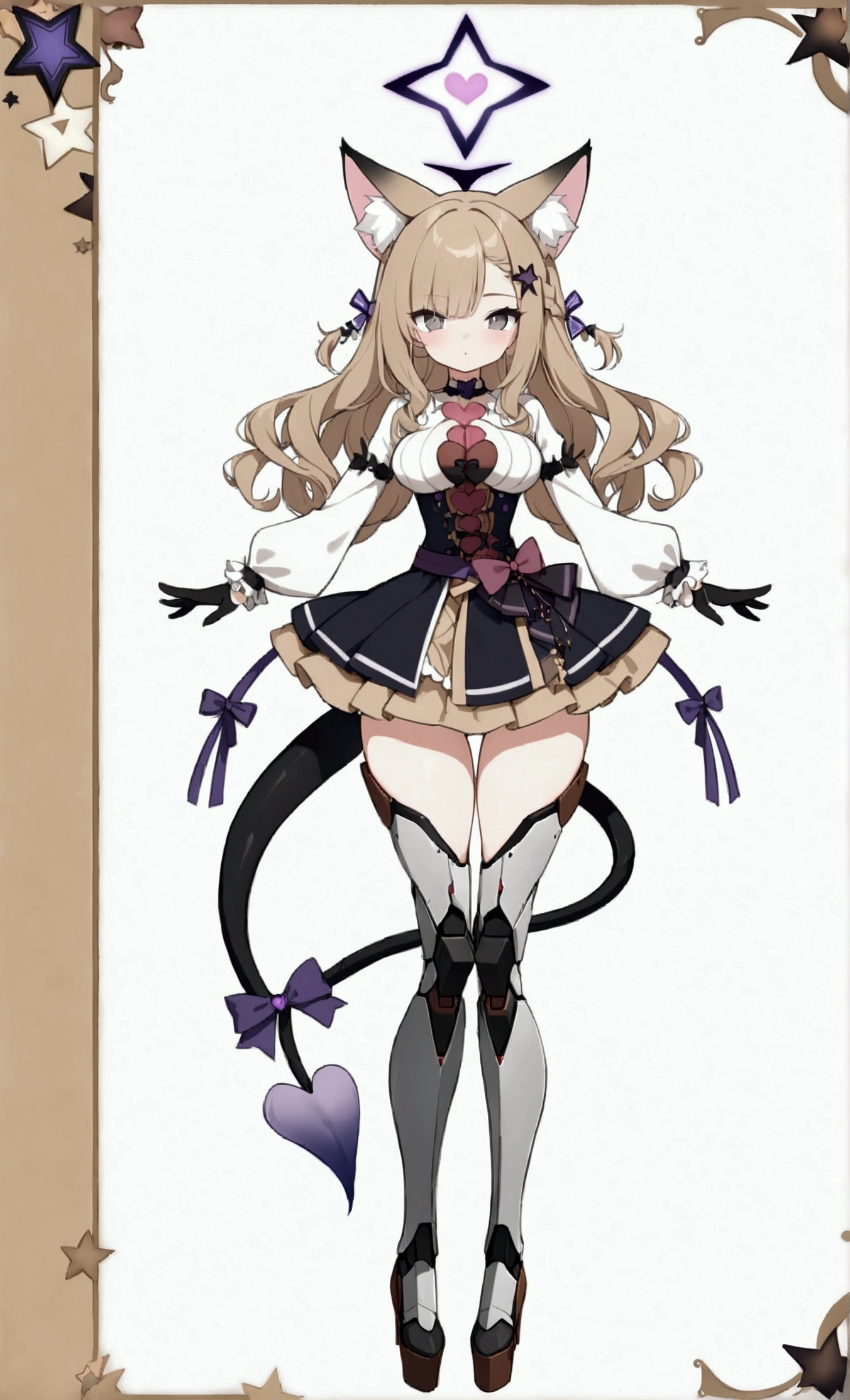 woman 170 cm tall. medium chest, wide hip, slim build, ((whole body)). (((character design sheet: front view))). (dark blonde hair, ((hip length wavy hair, asymmetrical bangs, star hairpin)), (She has a short braid tied with an elegant purple ribbon on the left side of her hair above her chest). (She has a short braid tied with an elegant purple ribbon on the right side of her hair above her chest). She has small hair ties in the back of her hair..). ((Gray eyes with a pink 4-pointed star in the pupil)). (Two black and purple fox ears located on the top of the head). (Luminous black halo with purple star patterns above his head). He has a black collar with a heart emblem on his neck.. (Elegant long one piece dress, thigh-length lace and ruffle skirt, ribbon decorations and star patterns on the dress). black gloves, Black platform heels. gray belt at the waist with a large ribbon with a luminous pink heart in the middle. ((It has a succubus tail that ends in the shape of a heart.)). (((It has complex mechanical legs that reach up to the thighs and are black with small purple details..))). beautiful detailed hair, beautiful detailed dress. extremely detailed arms. extremely detailed face, small face, Beautiful detailed eyes, beautiful detailed lips. adorable. extremely detailed legs. (Best Quality, 4k, high resolution), ultra detailed, Exquisite and epic character art, ((White background)). (Focus on symmetry).