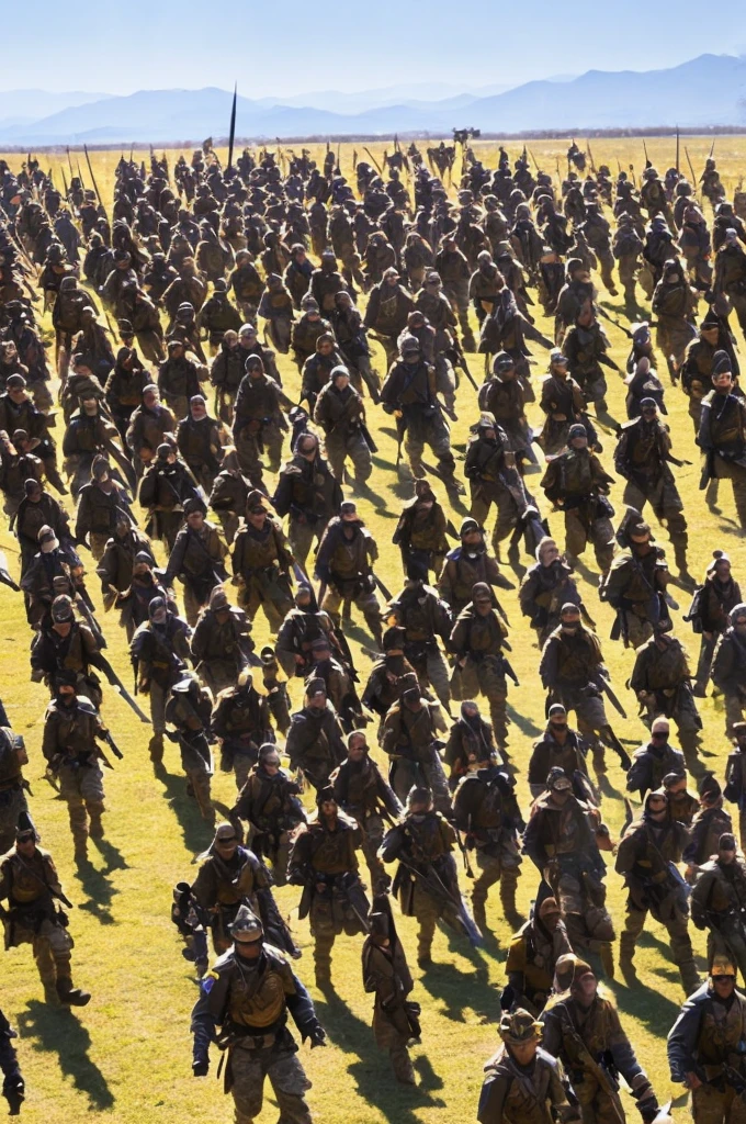 (((warriors))), (((army))) of warriors, (((many))) warriors, marching ((toward the camera)), (battlefield landscape)