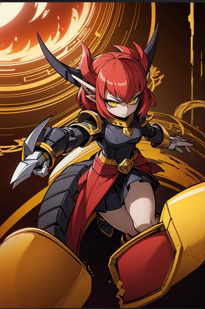 female elf dragonoid knight, pointy ears, skin dracônic scales, adorned full plate armor, Yellow eyes, fire red hair, Adorned black cape, full body art full deatailed.
