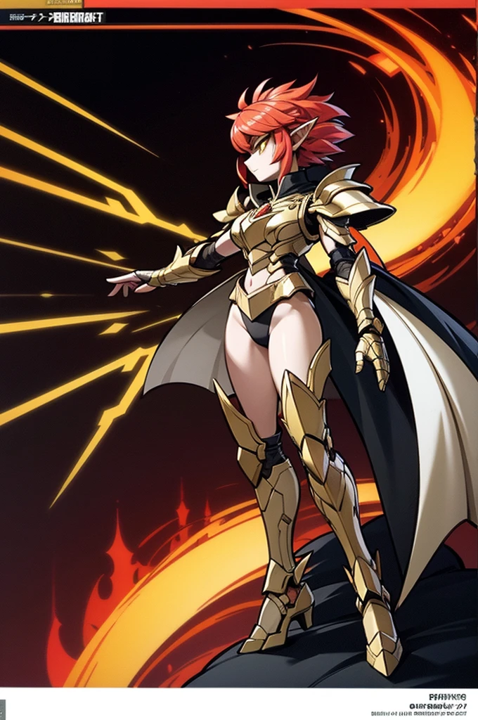 female elf dragonoid knight, pointy ears, skin dracônic scales, adorned full plate armor, Yellow eyes, fire red hair, Adorned black cape, full body art full deatailed.