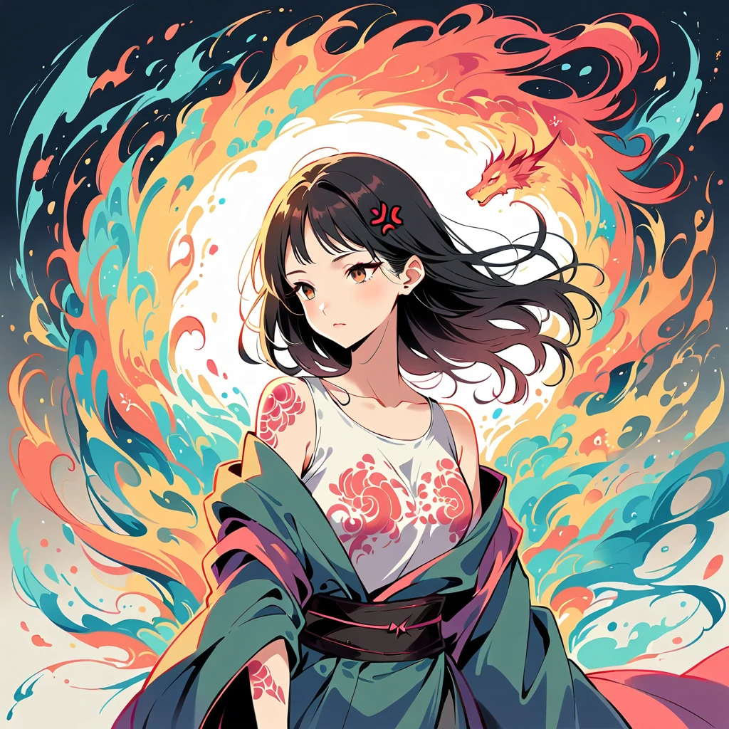 (A world of neon lights:1.5) The woman trembled with anger、Gives off an aura of neon. A neon-like aura of anger envelops her. (A glowing neon dragon tattoo:1.6) on his back glows from a worn-out kimono. For dragon tattoos、It has the power to go out into the world. (flat tinted artwork)(stylish design )(top quality)(simple)(super flat)(contemporary art)(flat and many margins)