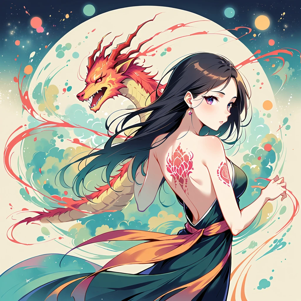 (A world of neon lights:1.5) The woman trembled with anger、Gives off an aura of neon. A neon-like aura of anger envelops her. (A glowing neon dragon tattoo:1.6) on his back glows from a worn-out kimono. For dragon tattoos、It has the power to go out into the world. (flat tinted artwork)(stylish design )(top quality)(simple)(super flat)(contemporary art)(flat and many margins)