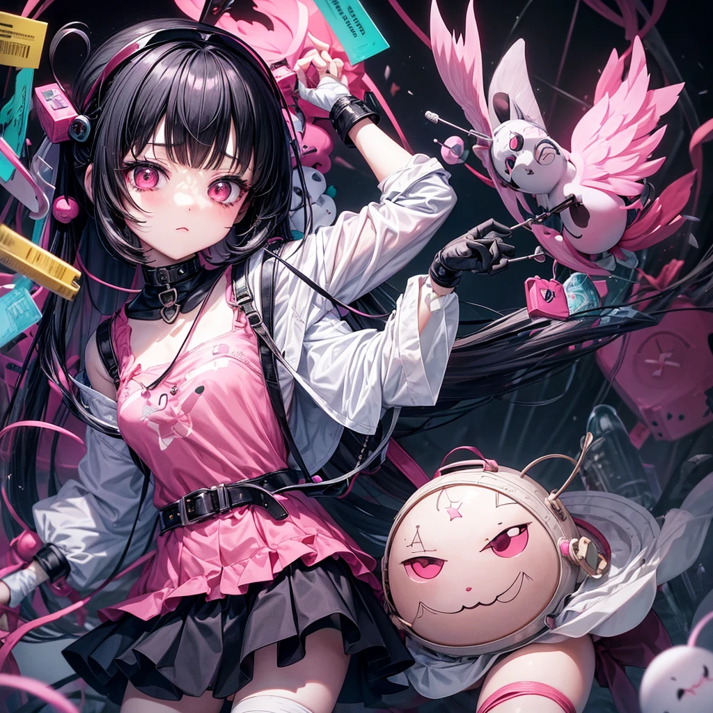 A creative animated illustration of a girl in Menhera style, with a dark and kawaii touch. She wears a with medical details like bandages and patches, and is surrounded by elements that mix tenderness with the disturbing., like torn stuffed animals and pastel colored syringes.