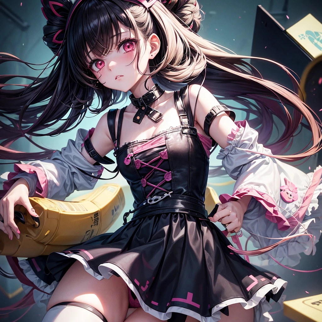 A creative animated illustration of a girl in Menhera style, with a dark and kawaii touch. She wears a  with medical details like bandages and patches, and is surrounded by elements that mix tenderness with the disturbing., like torn stuffed animals and pastel colored syringes.