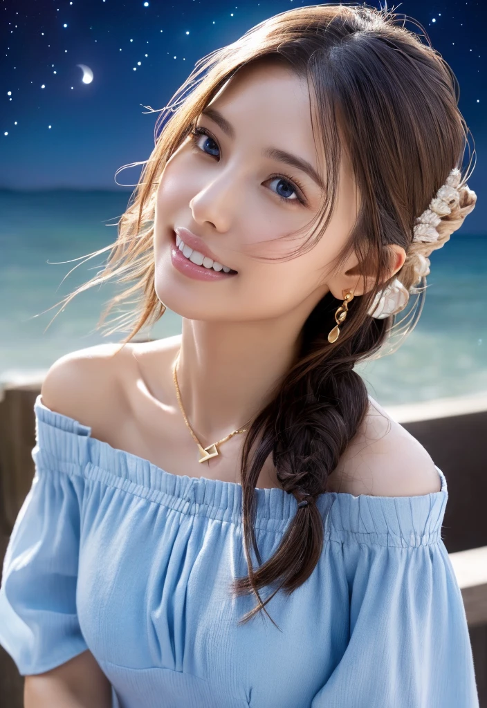 (Masterpiece:1.3), High resolution, Super detailed, Highly detailed CG Unity 8K wallpaper, Real, フォトReal, RAW Photos, Beautiful detailed face, Fair skin, Realな輝く肌, Detailed cloth texture, Detailed hair texture, Perfect Style, Beautiful Face, correct, Anatomically correct, Highly detailed face and skin texture, Natural neck length, (Wet body, Wet Hair:1.1)、
Blake detailed eyes、Symmetrical eyes、Brown eyes、double eyelid、Thin eyebrows、 (Sexy lips:1.3), (A happy smile:1.2), (cheek:1.2)
BREAK、
((Innocent and cute girl:1.3)), ((Wearing an off-the-shoulder white blouse:1.4)), (Gold buckle belt), (Skinny jeans:1.2), (Cross strap high heels:1.2), (necklace、bracelet), (Thin hoop earrings), (Pinky ring), (Beautiful blue nails:1.2)、
Layer Hairstyles、(Brown Hair:1.2)、(Wavy Hair:1.2)、Medium Long Hair、(Large Breasts、Firm breasts、Beautifully shaped breasts:1.1)、
break、
((Standing to close:1.4))、((looking up at viewer:1.2))、
((up:1.2)),(Focus on the face:1.2),(From above:1.2),(Outdoors on a stylish beachside terrace),((A night sky with many stars and a big full moon:1.3))、