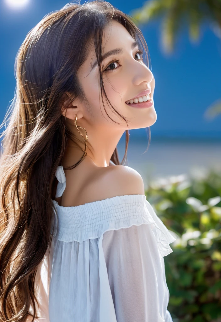 (Masterpiece:1.3), High resolution, Super detailed, Highly detailed CG Unity 8K wallpaper, Real, フォトReal, RAW Photos, Beautiful detailed face, Fair skin, Realな輝く肌, Detailed cloth texture, Detailed hair texture, Perfect Style, Beautiful Face, correct, Anatomically correct, Highly detailed face and skin texture, Natural neck length, (Wet body, Wet Hair:1.1)、
Blake detailed eyes、Symmetrical eyes、Brown eyes、double eyelid、Thin eyebrows、 (Sexy lips:1.3), (A happy smile:1.2), (cheek:1.2)
BREAK、 
((Innocent and cute girl:1.3)), ((Wearing an off-the-shoulder white blouse:1.4)), (Gold buckle belt), (Skinny jeans:1.2), (Cross strap high heels:1.2), (necklace、bracelet), (Thin hoop earrings), (Pinky ring), (Beautiful blue nails:1.2)、 
Layer Hairstyles、（Brown Hair：1.2）、（Wavy Hair：1.2）、Medium Long Hair、（Large Breasts、Firm breasts、Beautifully shaped breasts：1.1）、
break、 
((Standing to close:1.4))、((looking up at viewer:1.2))、 
((up:1.2)),(Focus on the face:1.2),(From above:1.2),(Outdoors on a stylish beachside terrace),((A night sky with many stars and a big full moon:1.3))、