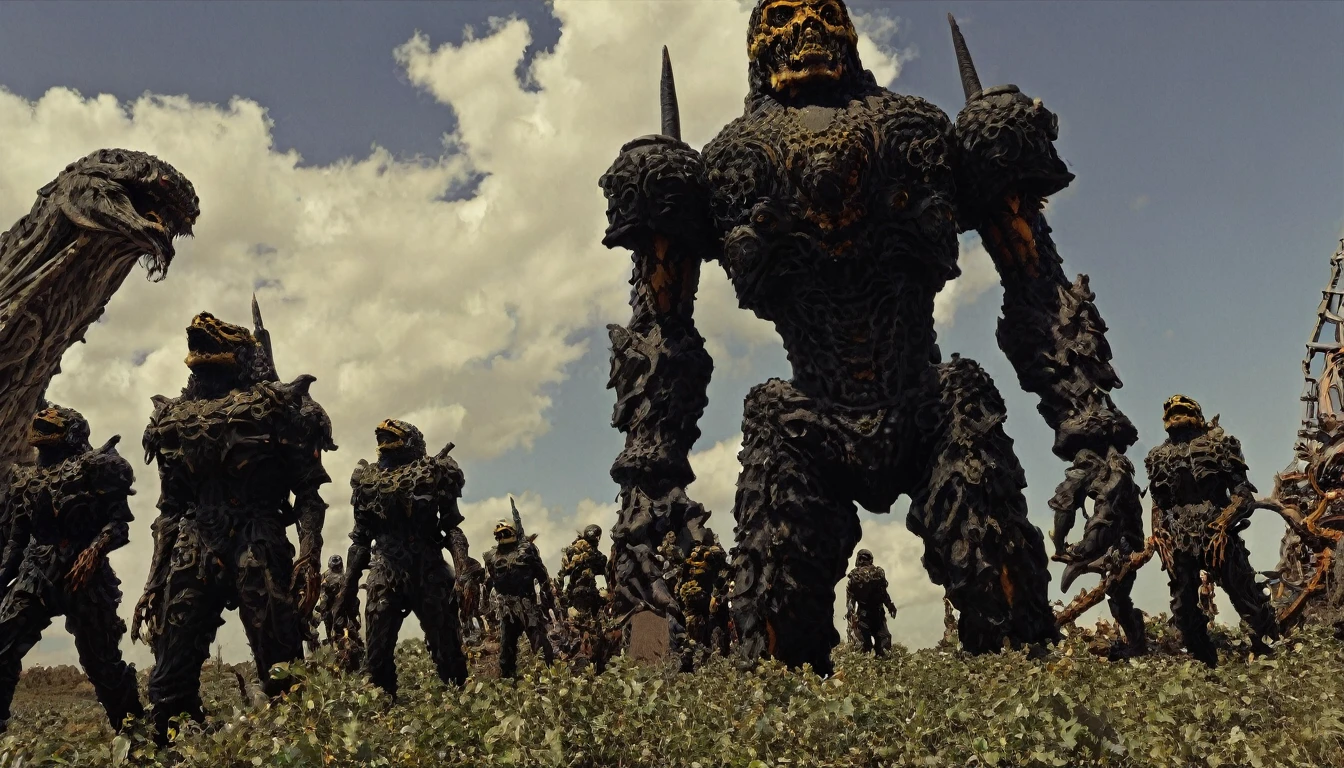 in (medium full shot:3.1), in (side view:3.1) of lot of characters walking from (Galaxy of Terror, with yellow sky:3.1), inspired by style of Zdzislaw Beksinski art, , in apocalypse of chaotic world, monsters, robots, daemons, aliens, mutant (with Creepy, Sci-Fi, Fantasy and Horror:2.9) retro sci fi, Horror movie, ((Cinematic film)), ((Ultra Detailed)), Complex, ((Sharp Focus)), Object Texture, Studio Photo, Complex Details, ((Highly Detailed)), Photo Real Style, ((Hyper-realistic)), High Dynamic Range, ((Realistic Textures)), 8K UHD, Nikon D 850, Kodak Portra 400, Fujifilm XT, 3D rendering