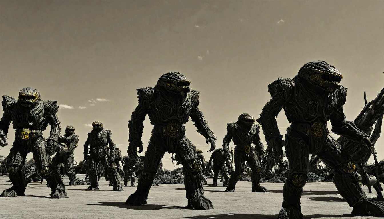 in (medium full shot:3.1), in (side view:3.1) of lot of characters walking from (Galaxy of Terror, with yellow sky:3.1), inspired by style of Zdzislaw Beksinski art, , in apocalypse of chaotic world, monsters, robots, daemons, aliens, mutant  (with Creepy, Sci-Fi, Fantasy and Horror:2.9) retro sci fi, Horror movie, ((Cinematic film)), ((Ultra Detailed)), Complex, ((Sharp Focus)), Object Texture, Studio Photo, Complex Details, ((Highly Detailed)), Photo Real Style, ((Hyper-realistic)), High Dynamic Range, ((Realistic Textures)), 8K UHD, Nikon D 850, Kodak Portra 400, Fujifilm XT, 3D rendering