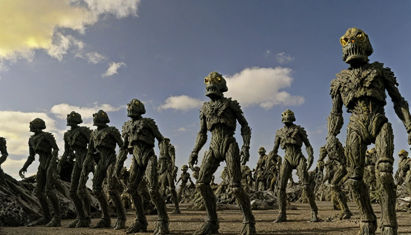 in (medium full shot:3.1), in (side view:3.1) of lot of characters walking from (Galaxy of Terror, with yellow sky:3.1), inspired by style of Zdzislaw Beksinski art, , in apocalypse of chaotic world, monsters, robots, daemons, aliens, mutant  (with Creepy, Sci-Fi, Fantasy and Horror:2.9) retro sci fi, Horror movie, ((Cinematic film)), ((Ultra Detailed)), Complex, ((Sharp Focus)), Object Texture, Studio Photo, Complex Details, ((Highly Detailed)), Photo Real Style, ((Hyper-realistic)), High Dynamic Range, ((Realistic Textures)), 8K UHD, Nikon D 850, Kodak Portra 400, Fujifilm XT, 3D rendering