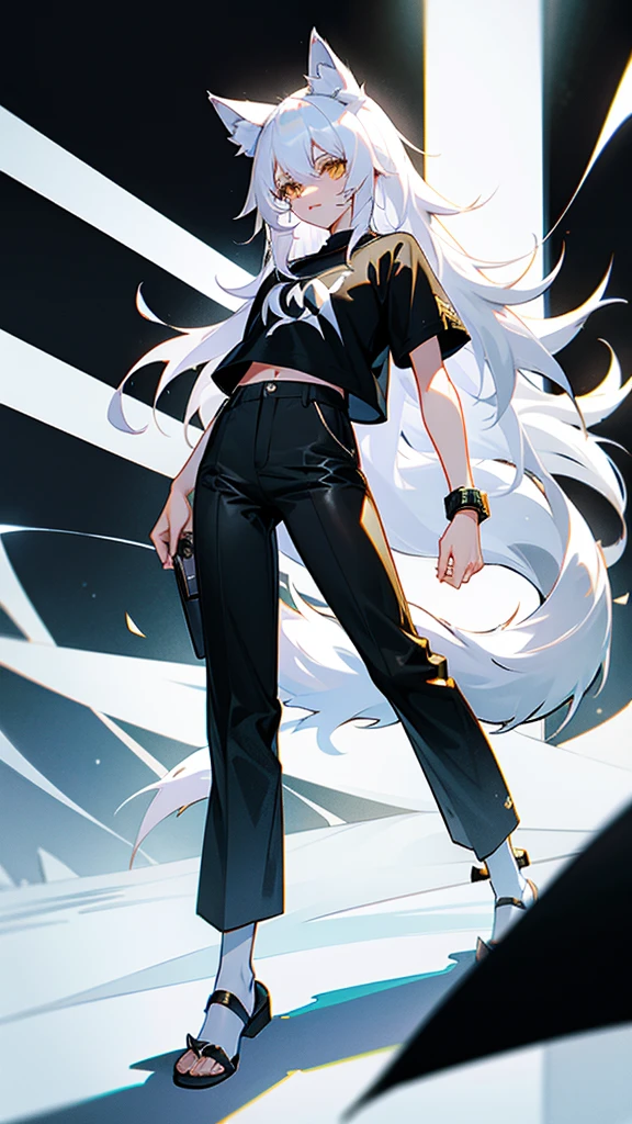 wolf girl white hair white wolf ears maximum resolution eyes Gold and black t-shirt black pants and white wolf tail have two white slippers