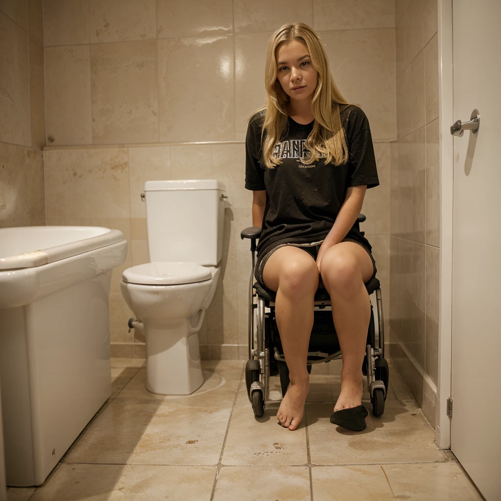 Blonde girl in wheelchair, in bathroom, defecating, fecal stained pants.