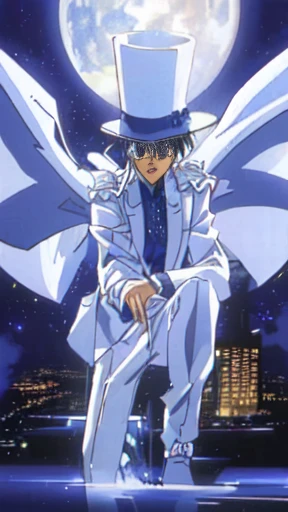 Highest quality、Highest quality、Realistically drawn detailed pictures、With wings and a top hat、Anime characters holding roses, In a flowing white tailcoat, Shinji, shinichi sakamoto, Dynamic Leadership Style, safebooru anime images, White Fox Anime, leiji matsumoto, what are you doing?, 80s anime has this style, 1990s anime, 1990s anime
