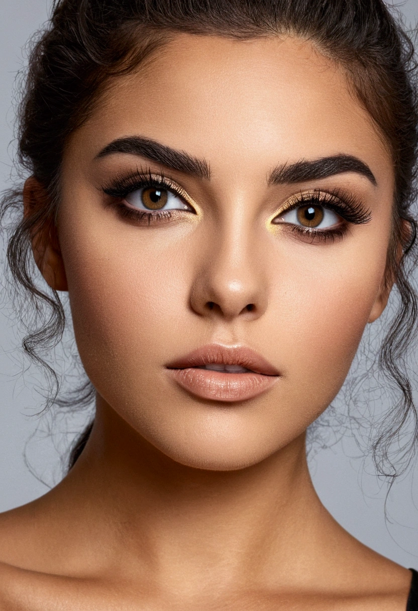 femme, à, vêtements noirs, fille sexy aux yeux bruns, portrait, cheveux bruns et grands yeux, Maquillage naturel, superbe corps, grosse poitrine, latina, 25ans, 30 ans