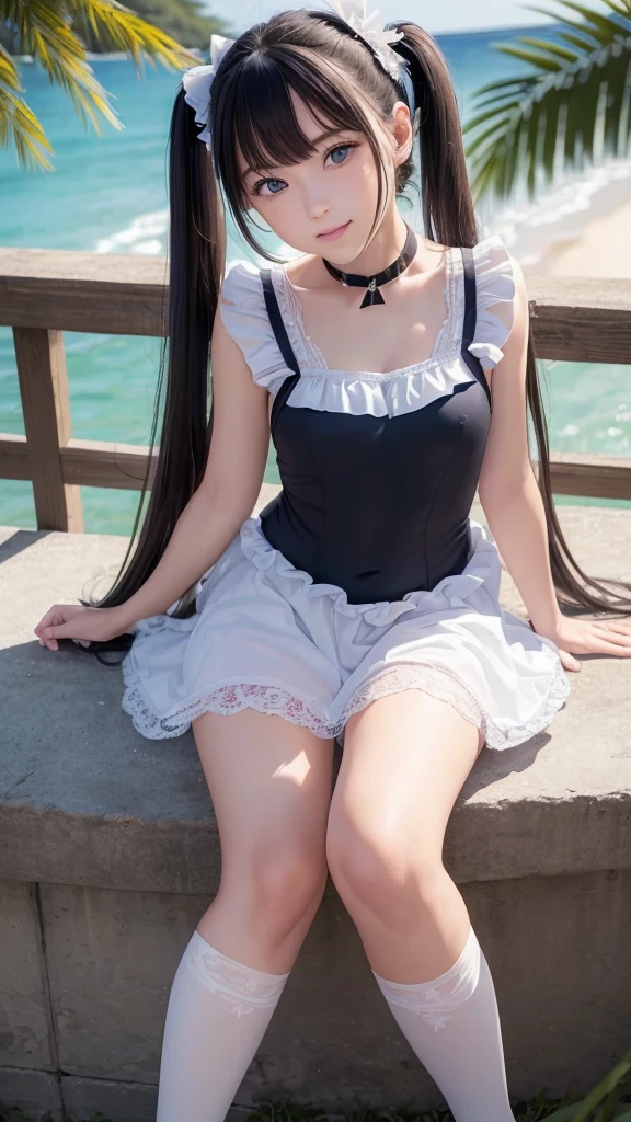 ((masterpiece)), ((highest quality、Ultra high definition)), (Very detailed),8K、Photo quality、((Amazingly cute girl)),16-year-old girl)), Two people, , (Beautiful emerald blue eyes), ((smile)),In the open-air bath overlooking the sea, Beautifully arranged black hair in twin tails、whole body、Cute lolita maid style swimsuit))、Professional Lighting、(White lace knee-highore detailed and beautiful)、(More details and cutenesore realistic)、(((Just wear light clothing)))、プールではしゃぐ、