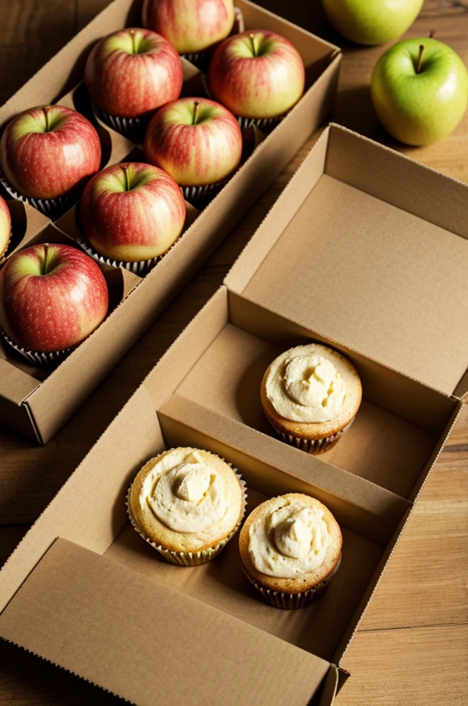 A single small box with a single cupcake, a single apple inside 