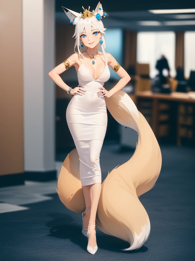great quality ++ Extremely detailed high resolutionolution, very aesthetic, expressive eyes, (((Perfect face))), (((face symmetrical))), ((good anatomy)), (((perfect hands))), (((8k))), UHD, hd wallpaper, (((detailed high cal, (((((1girl)))))), only, Masterpiece, The best quality, high resolution, Highly detailed, (illustration), Beautiful detailed eyes, ((((full body))), (((solo))), (((((koyan-la1))))), (((smiling))), (((fusion))), (((agglutination))), (((Combination))), (((((White hair))))), (((blue eyes))), (((ponytail))), (((white dress))), (((jewelry))), (((necklace))), (((earrings))), only, jaeces, earrings, long hair, parody, (((scar))), (((scar ocular))), (((hair ornament))), (((office background))), (((hand on hip))), (((strolling))), Side ponytail, scar en la cara, Upper part of the body, (((fox tail))), (((fox ears))), (((tiara))), (((jewelry))), (((earrings))), (((neckline trimming))),
