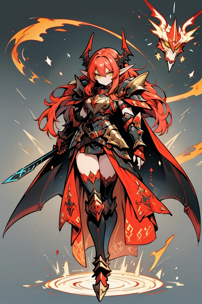 female elf dragonoid knight, pointy ears, skin dracônic scales, adorned full plate armor, Yellow eyes, fire red hair, Adorned black cape, full body art full deatailed.