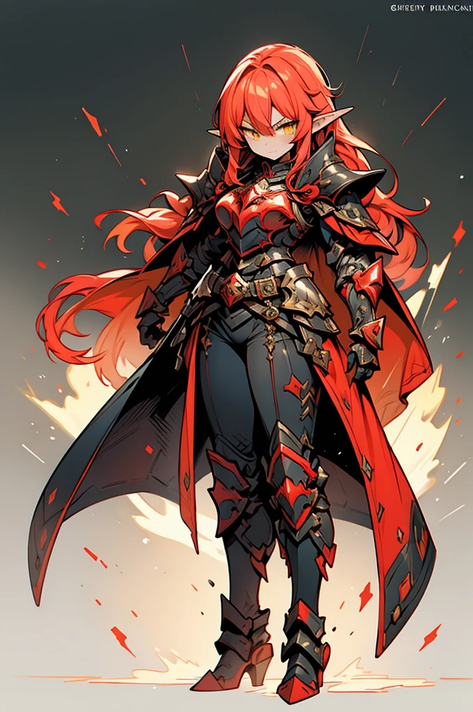 female elf dragonoid knight, pointy ears, skin dracônic scales, adorned full plate armor, Yellow eyes, fire red hair, Adorned black cape, full body art full deatailed.