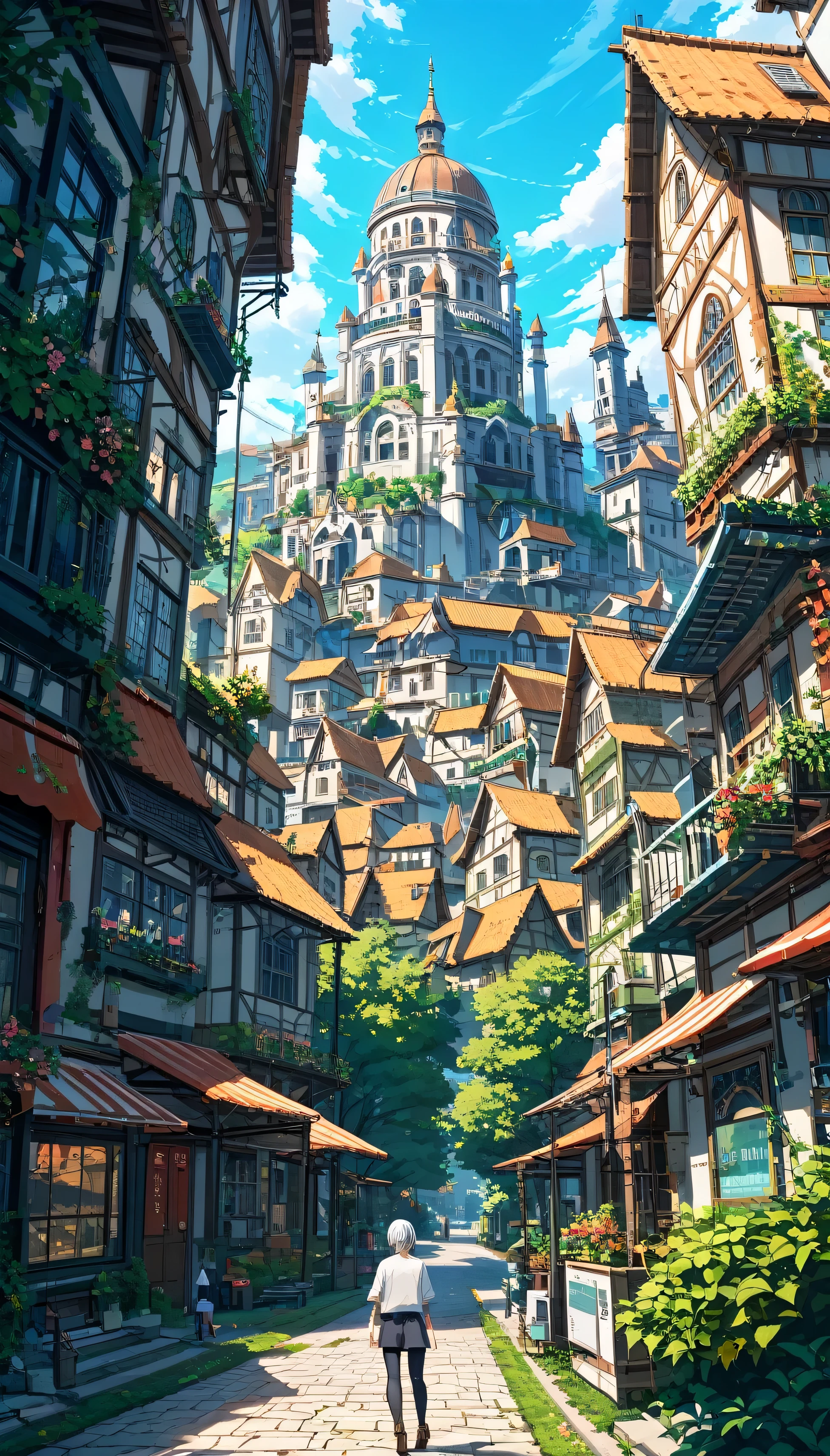 score_9, score_8, score_7_up , source_anime, masterpiece, best quality, perfect  , very aesthetic , absurdres ,intricate illustration ,ultra-detailed animation,
1girl, solo, silver hair, outdoors, town, giantess, giantess art