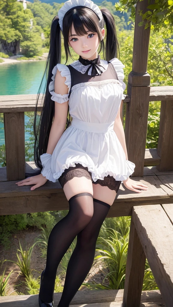 ((masterpiece)), ((highest quality、Ultra high definition)), (Very detailed),8K、Photo quality、((Amazingly cute girl)),16-year-old girl)), Two people, , (Beautiful emerald blue eyes), ((smile)),In the open-air bath overlooking the sea, Beautifully arranged black hair in twin tails、whole body、Cute lolita maid style swimsuit))、Professional Lighting、(White lace knee-highore detailed and beautiful)、(More details and cutenesore realistic)、(((Just wear light clothing)))、プールではしゃぐ、