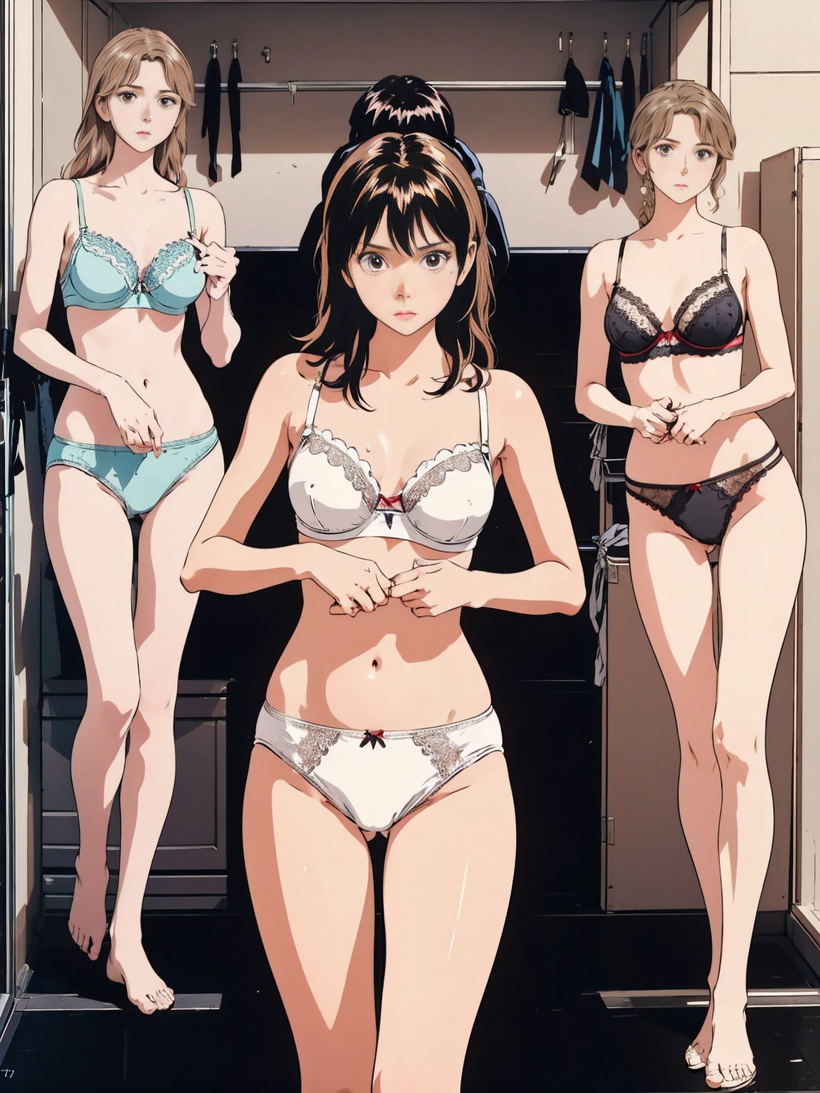 ((masterpiece)), (((Highest quality))), Highest quality, masterpiece, Ultra-high resolution, Ultra-high resolution, Three beautiful women, Wearing lace bra, Wearing lace panties, (elaborately designed luxury panties for adults, panties high definition images, draw panties with super precision), extremely detailed texture, (((threads of the seams for panties crotch is visible))), stitch of panties is visible, in locker room, undressing