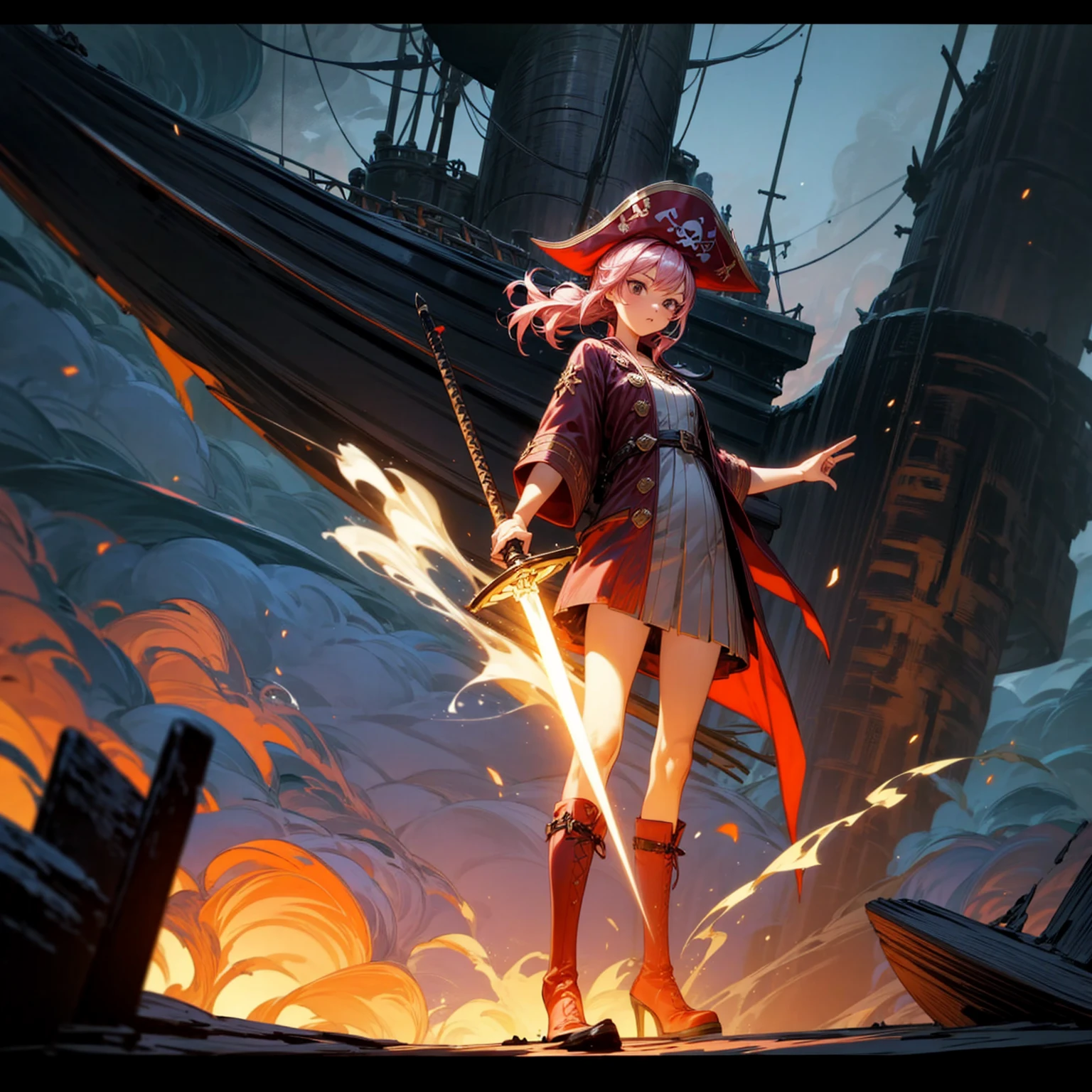 1girl, Full body version, 1character, girl version, black eyes, long Curly haircut, pink colour hair, ancient pirate style clothing, red colour clothing, long boots, Grassroots, background in sea, motion blur, (pokemon style), sword Gladius in hang, pirate hat, pirate robe, smoke effect, aura effect, blue lighting, lightning sword, low angle view, fire, with ship pirates, normal gesture