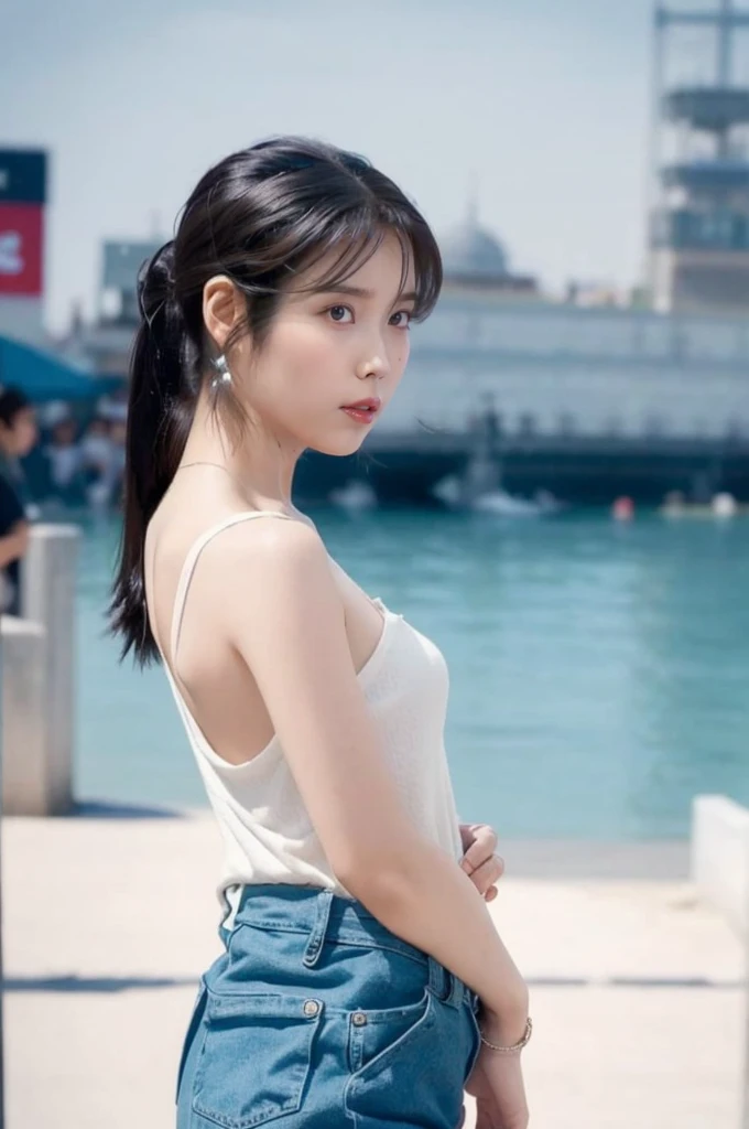 (Best quality, 8k, 32k, Masterpiece, UHD:1.2), 1girl, beautiy Japanese woman, a woman in denim shorts posing on the beach at sunset, long hair, Lee Ji Eun, hot with shining sun, casual pose, lee ji-eun, lee ji - eun, gorgeous young korean woman, korean girl, beautiful young korean woman, korean women's fashion model, sakimichan, IU