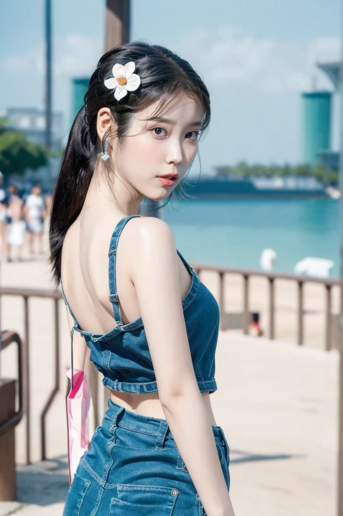 (Best quality, 8k, 32k, Masterpiece, UHD:1.2), 1girl, beautiy Japanese woman, a woman in denim shorts posing on the beach at sunset, long hair, Lee Ji Eun, hot with shining sun, casual pose, lee ji-eun, lee ji - eun, gorgeous young korean woman, korean girl, beautiful young korean woman, korean women's fashion model, sakimichan, IU