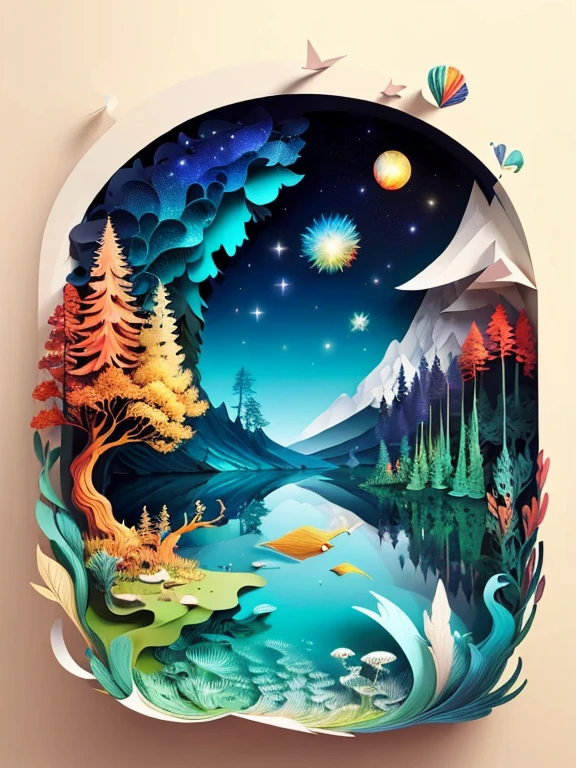 (((work of art))),best qualityer, illustration, land, water ,fire, Tuuli , space  , paper_cut-in,