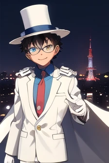masterpiece,Highest quality,High resolution,One boy,alone,1990s \(style\),Despicable Kid,glasses,Top Hat,White suit,Red tie,White gloves,White Cape,night,Outdoor,Tokyo Tower,City lights,White pistol,Have a weapon,Cowboy Shot,Wicked Smile,